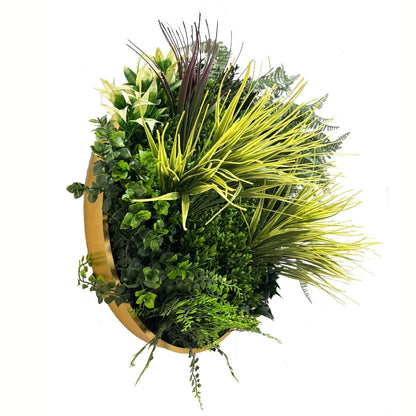 Aranjament decorativ, de perete, cu ramă din aluminiu și plante artificiale Naimeed D7467, diametru 50 cm