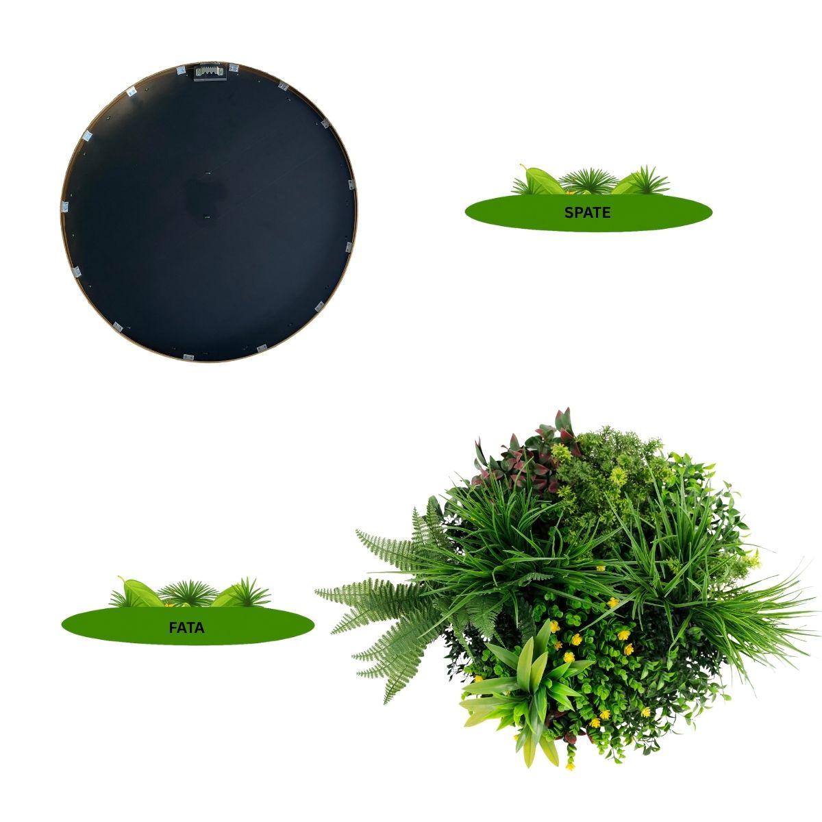 Aranjament decorativ, de perete, cu ramă din aluminiu și plante artificiale Naimeed D7468, diametru 50 cm