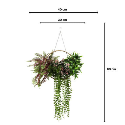 Aranjament Suspendat cu Plante Artificiale pe Disc Decorativ Auriu, Naimeed D7475, diametru 30 cm