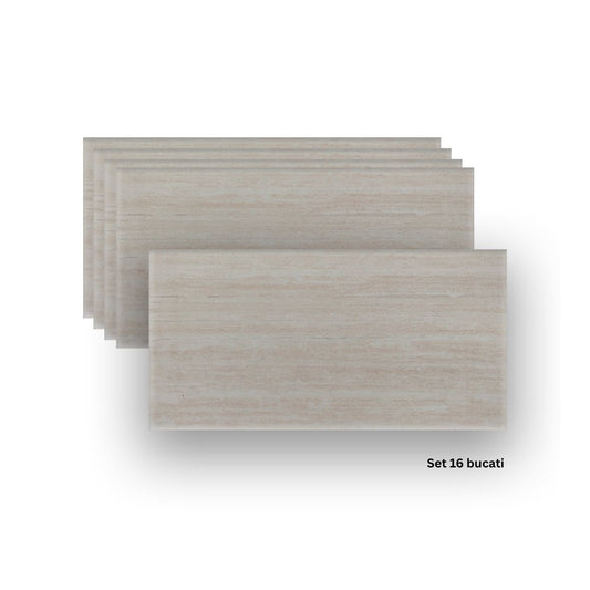 Set 16 panouri decorative din praf de piatra, Naimeed D7307, ignifuge, strat protector ceramic, rezistente la razele UV, 120x60x0.2 cm, bej travertin