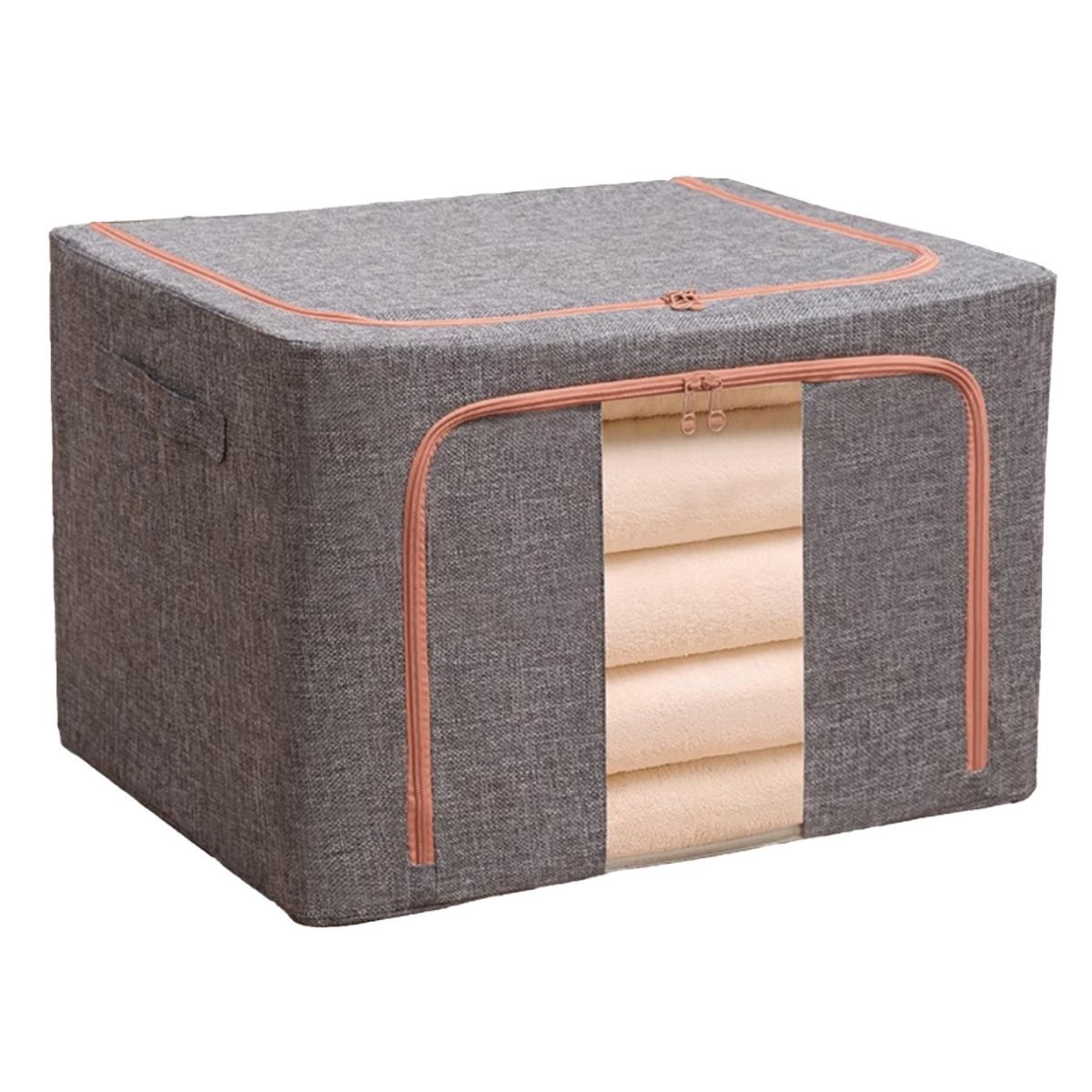 Cutie Depozitare Multifunctionala, cu Cadru Metalic, Fermoar Dublu și Ferestre Transparente, Naimeed D7646, dimensiuni 60x42x40cm, Gri