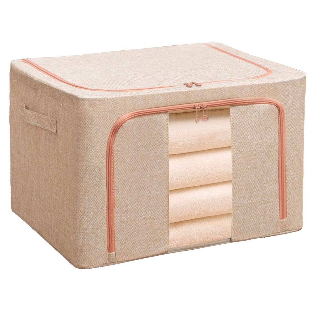 Cutie Depozitare Multifunctionala, cu Cadru Metalic, Fermoar Dublu și Ferestre Transparente, Naimeed D7650, dimensiuni 60x42x40cm, Crem