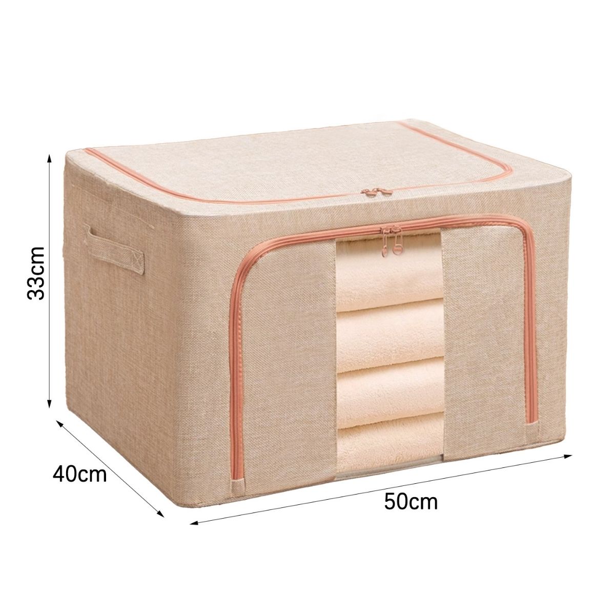 Cutie Depozitare Multifunctionala, cu Cadru Metalic, Fermoar Dublu și Ferestre Transparente, Naimeed D7651, dimensiuni 50x40x33cm, Crem