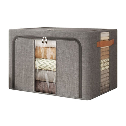 Cutie Depozitare Multifunctionala, cu Cadru Metalic, Fermoar Dublu și Ferestre Transparente, Naimeed D7652, dimensiuni 60x42x40cm, Gri inchis