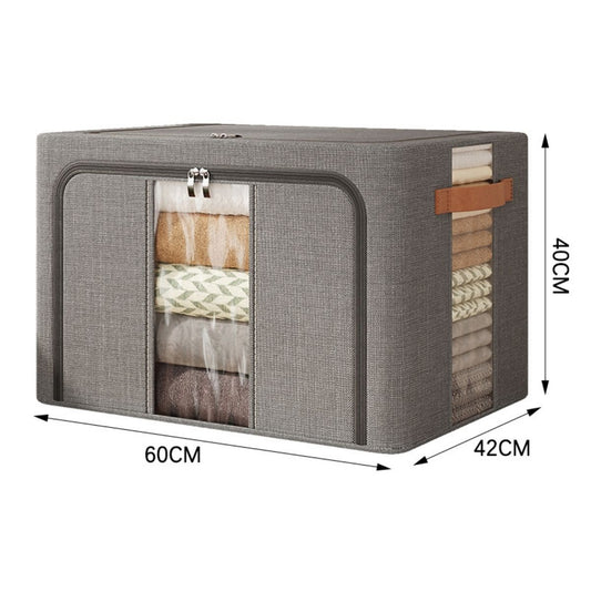 Cutie Depozitare Multifunctionala, cu Cadru Metalic, Fermoar Dublu și Ferestre Transparente, Naimeed D7652, dimensiuni 60x42x40cm, Gri inchis