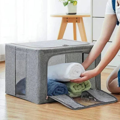 Cutie Depozitare Multifunctionala, cu Cadru Metalic, Fermoar Dublu și Ferestre Transparente, Naimeed D7654, dimensiuni 40x30x20cm, Gri inchis