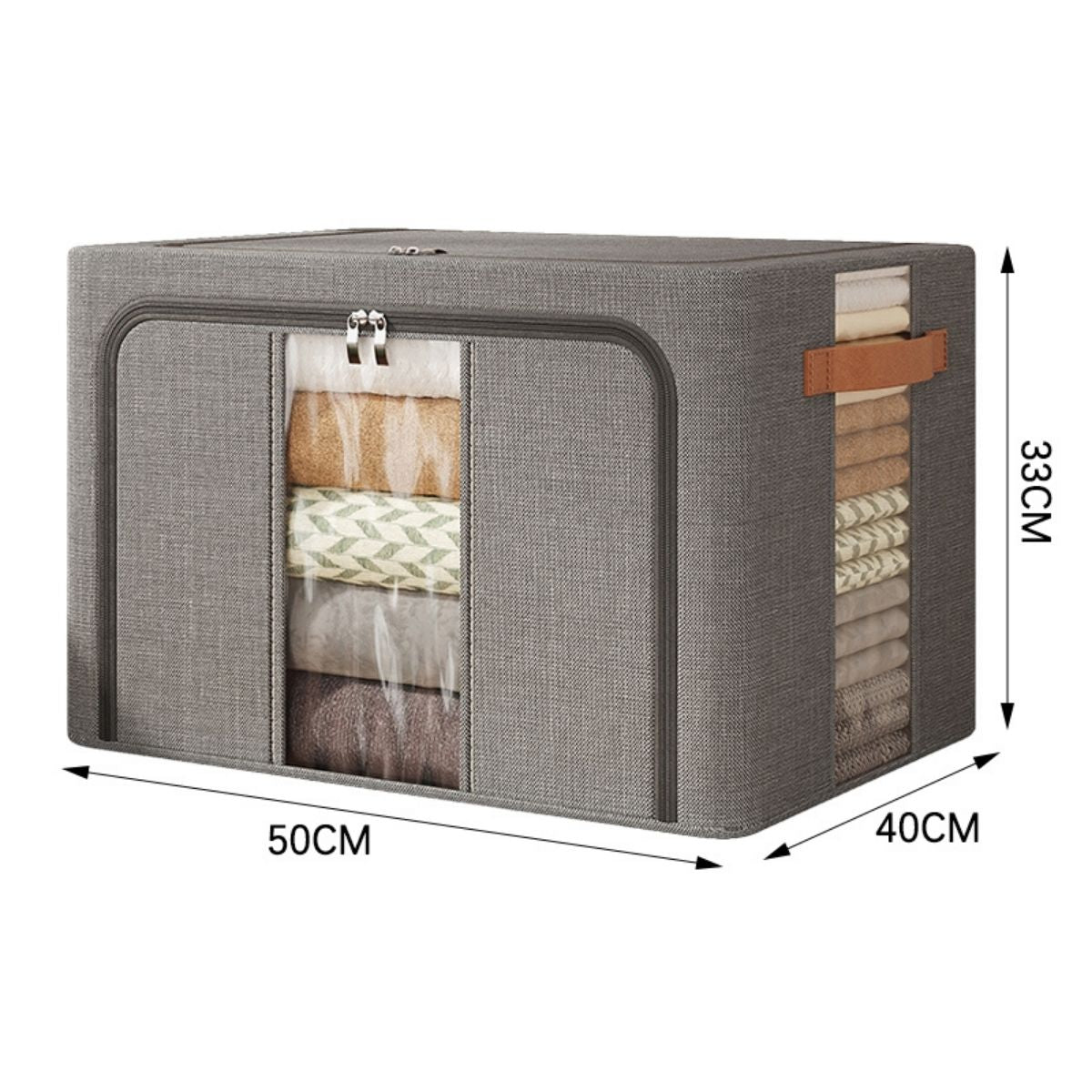 Cutie Depozitare Multifunctionala, cu Cadru Metalic, Fermoar Dublu și Ferestre Transparente, Naimeed D7653, dimensiuni 50x40x33cm, Gri inchis