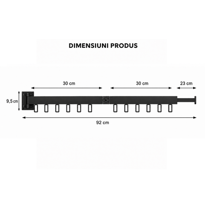 Cuier de perete extensibil cu 2 brate rotative si 12 carlige, aluminiu, Naimeed D7698, Negru