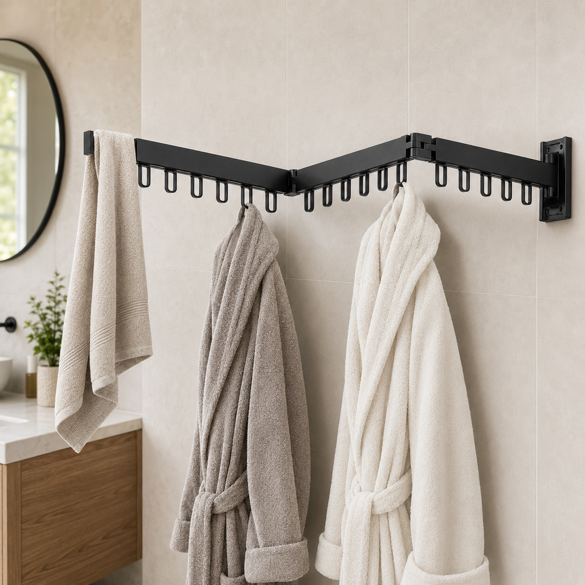 Cuier de perete extensibil cu 2 brate rotative si 12 carlige, aluminiu, Naimeed D7698, Negru