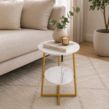 Masuta de Cafea cu 2 Blaturi, Naimeed D7705, Cadru Metalic Auriu si Blaturi MDF, pentru Living, Dormitor sau Birou, 40x30x55 cm