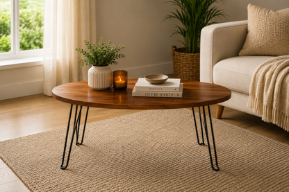 Masuta de Cafea Rotunda, Naimeed D7709, Blat din MDF cu Aspect Lemn si Picioare Metalice, 45x80cm