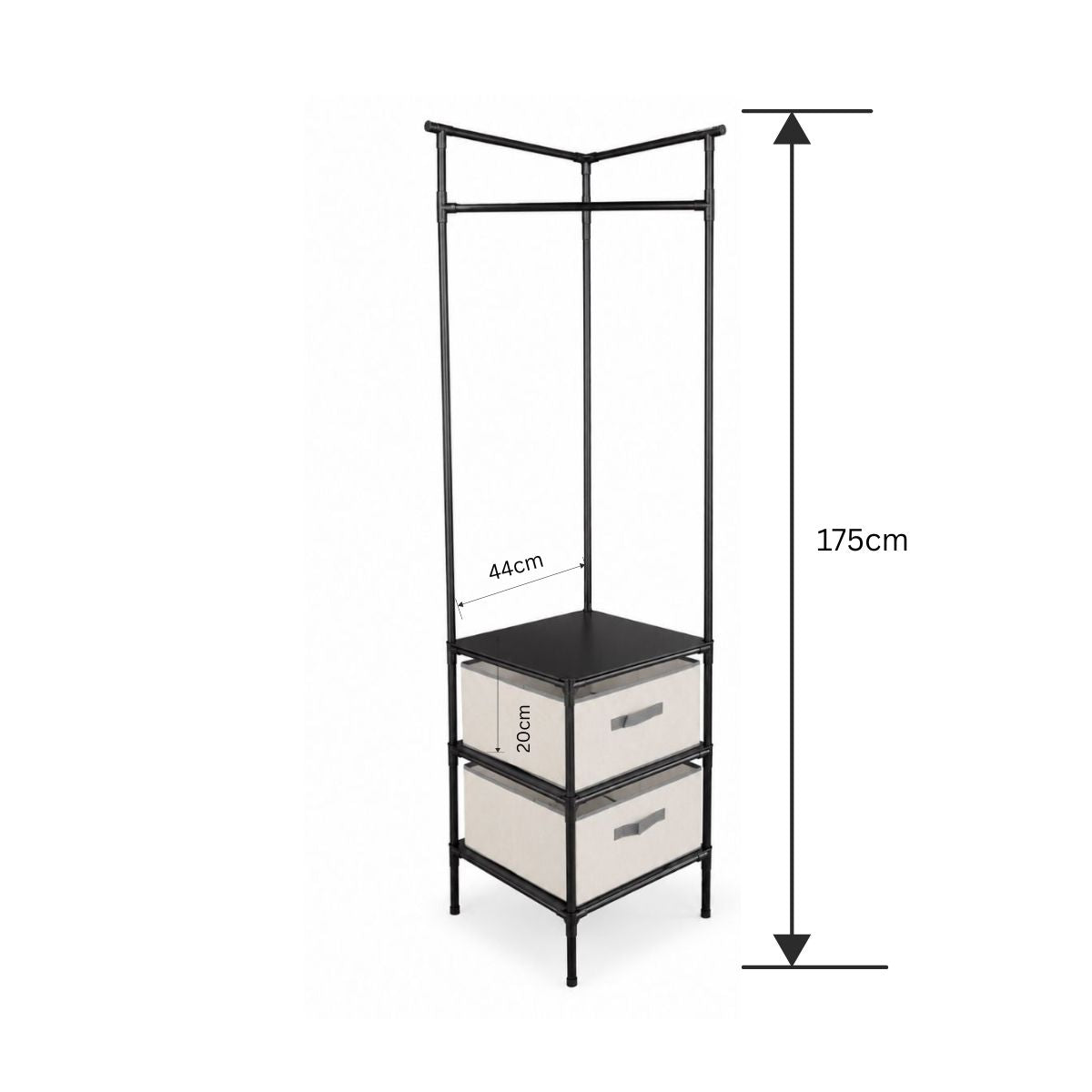 Raft Metalic de Colt, Bara pentru Umerase, 2 Sertare Textile, Naimeed D7712, 44x75cm, Negru