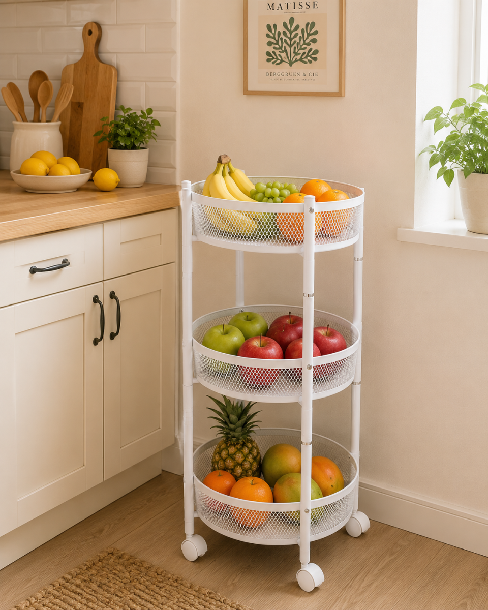 Raft Metalic Multifunctional Mobil cu 3 Niveluri si Roti, Naimeed D7718, pentru Fructe si Legume, Bucatarie, 35x35x88cm, Alb