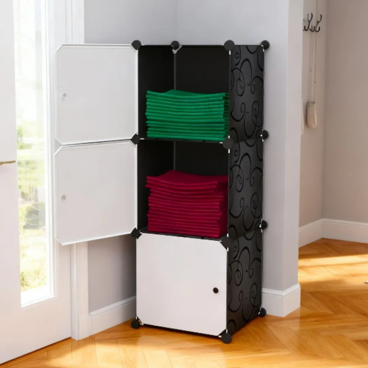 Dulap/Pantofar Modular, 3 usi, Naimeed D7922, 37x37x110cm, Alb/Negru