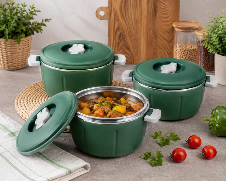 Set Caserole Termice cu Capac, Naimeed D7941, pentru Servire si Pastrarea Temperaturii Alimentelor, Verde, 1.8L + 3.5L + 6L