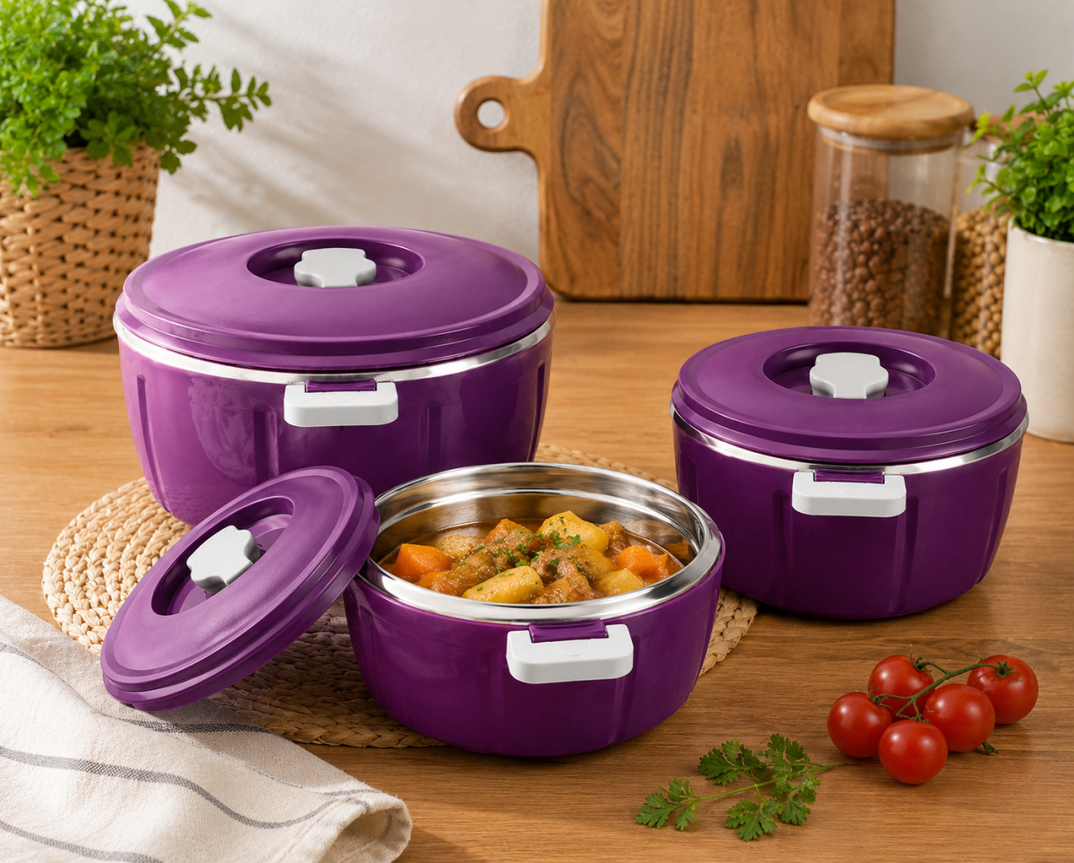 Set Caserole Termice cu Capac, Naimeed D7942, pentru Servire si Pastrarea Temperaturii Alimentelor, Mov, 1.8L+3.5L+6L