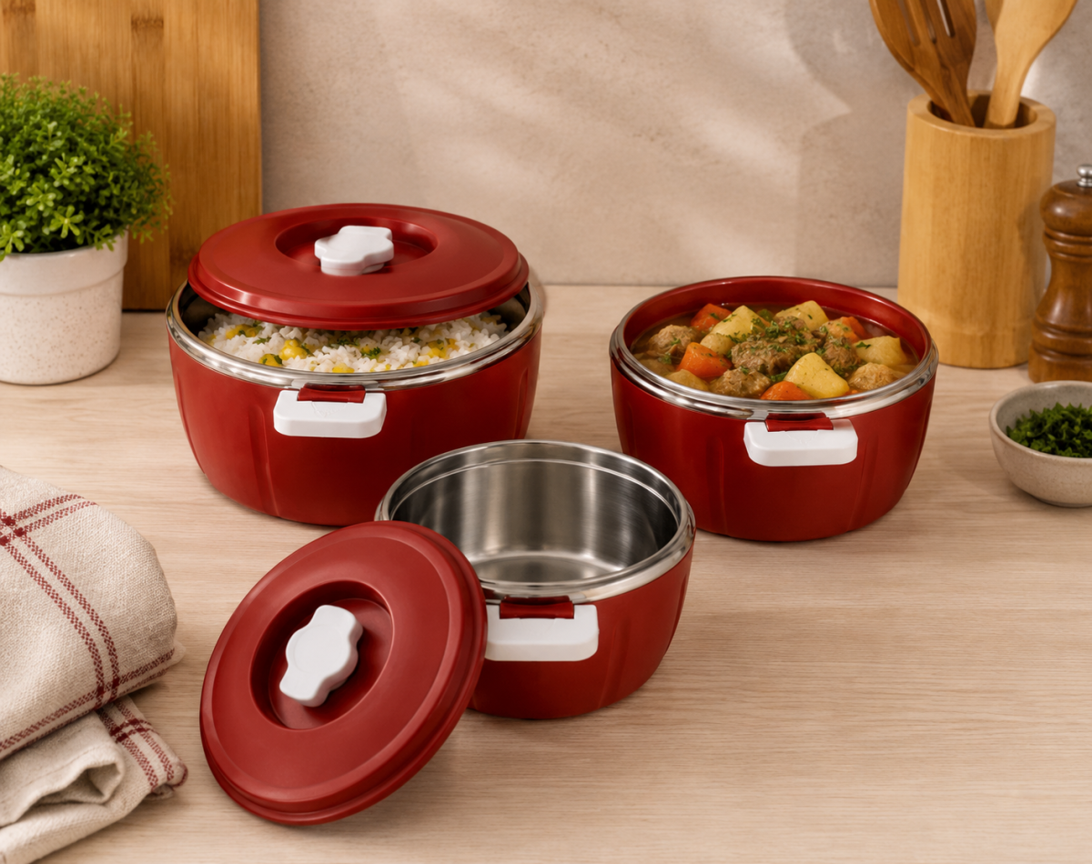 Set Caserole Termice cu Capac, Naimeed D7943, pentru Servire si Pastrarea Temperaturii Alimentelor, Rosu, 1.8L+3.5L+6L