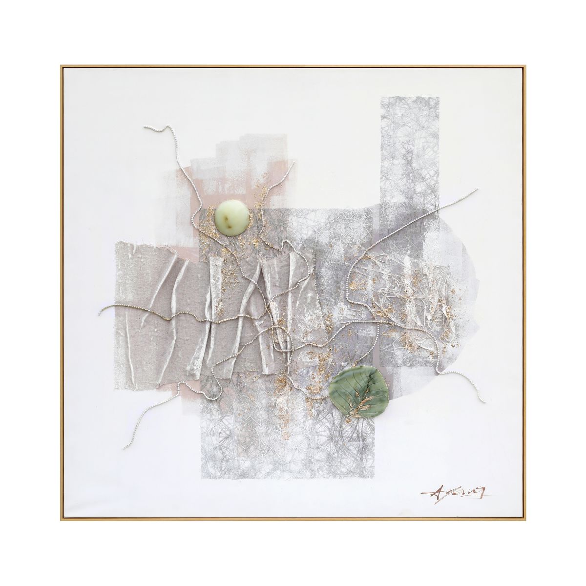 Tablou Decorativ, vopsea in ulei pe panza, Naimeed D7961, relief 3D piatra decorativa, montat pe rama dubla din lemn 100x100x4cm