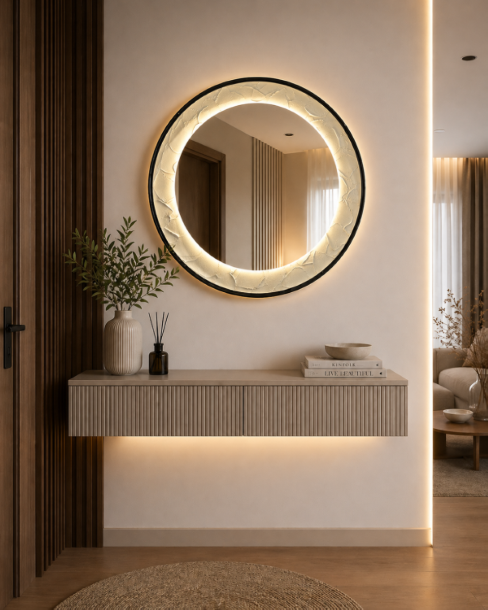 Oglinda LED de Perete, Naimeed D7997, Rama din Aluminiu  Negru, Insert Texturat, 3 Nuante de lumina, 80cm