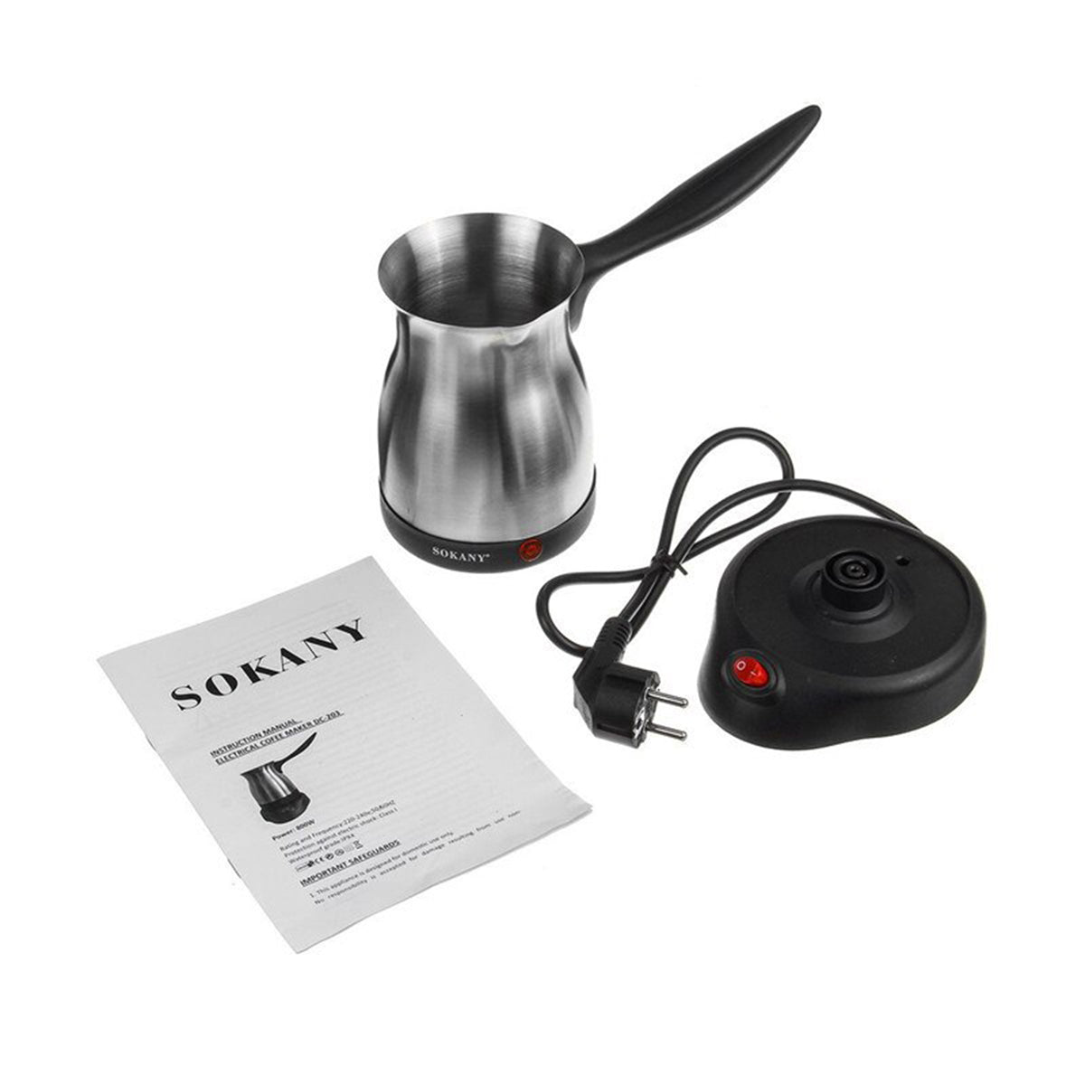 Ibric electric pentru cafea Sokany DC-203 , 800W, 500 ml, baza detasabila, Negru/Inox