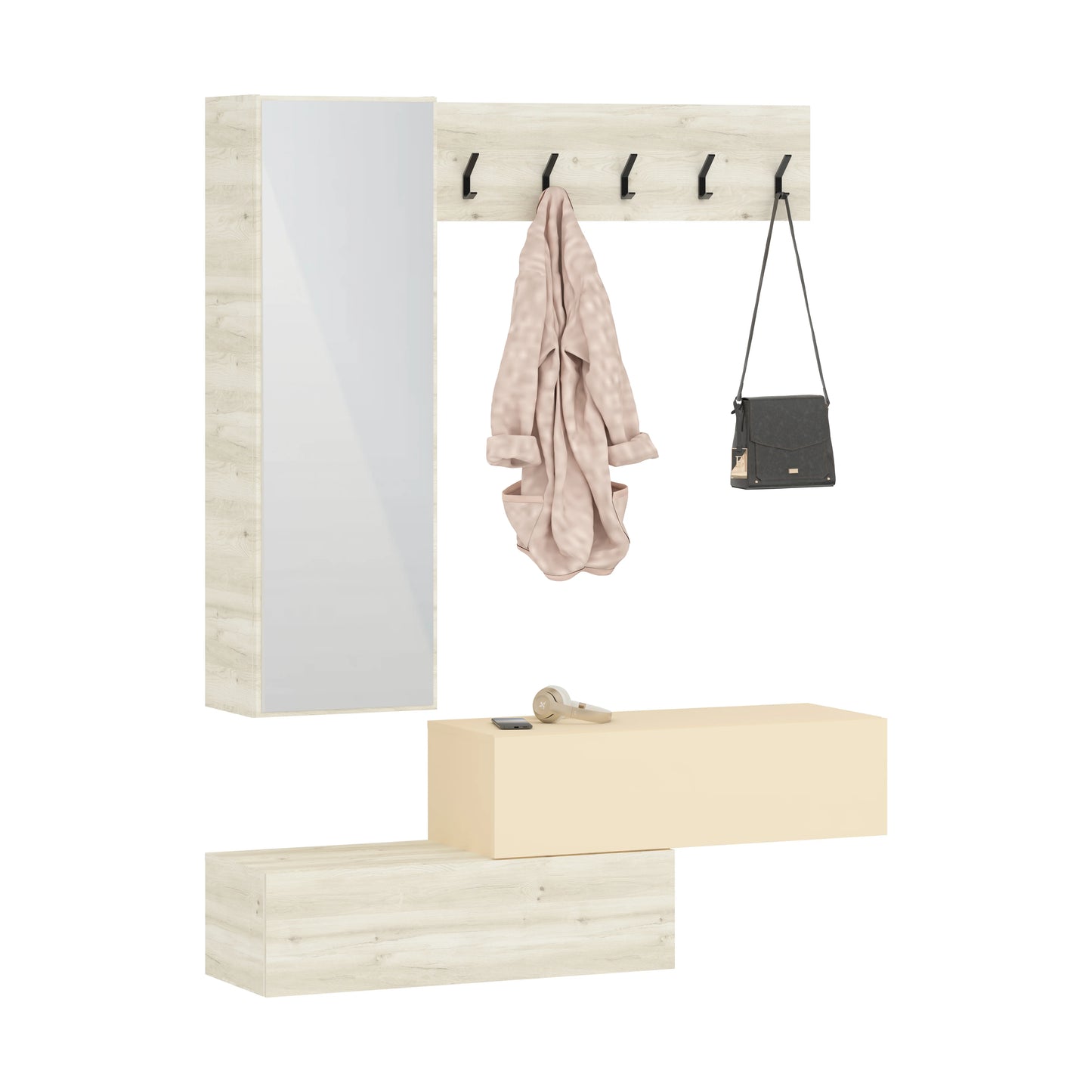 Cuier haaus Diego, Stejar Alb/Crem Satin, 140 x 28 x 180 cm