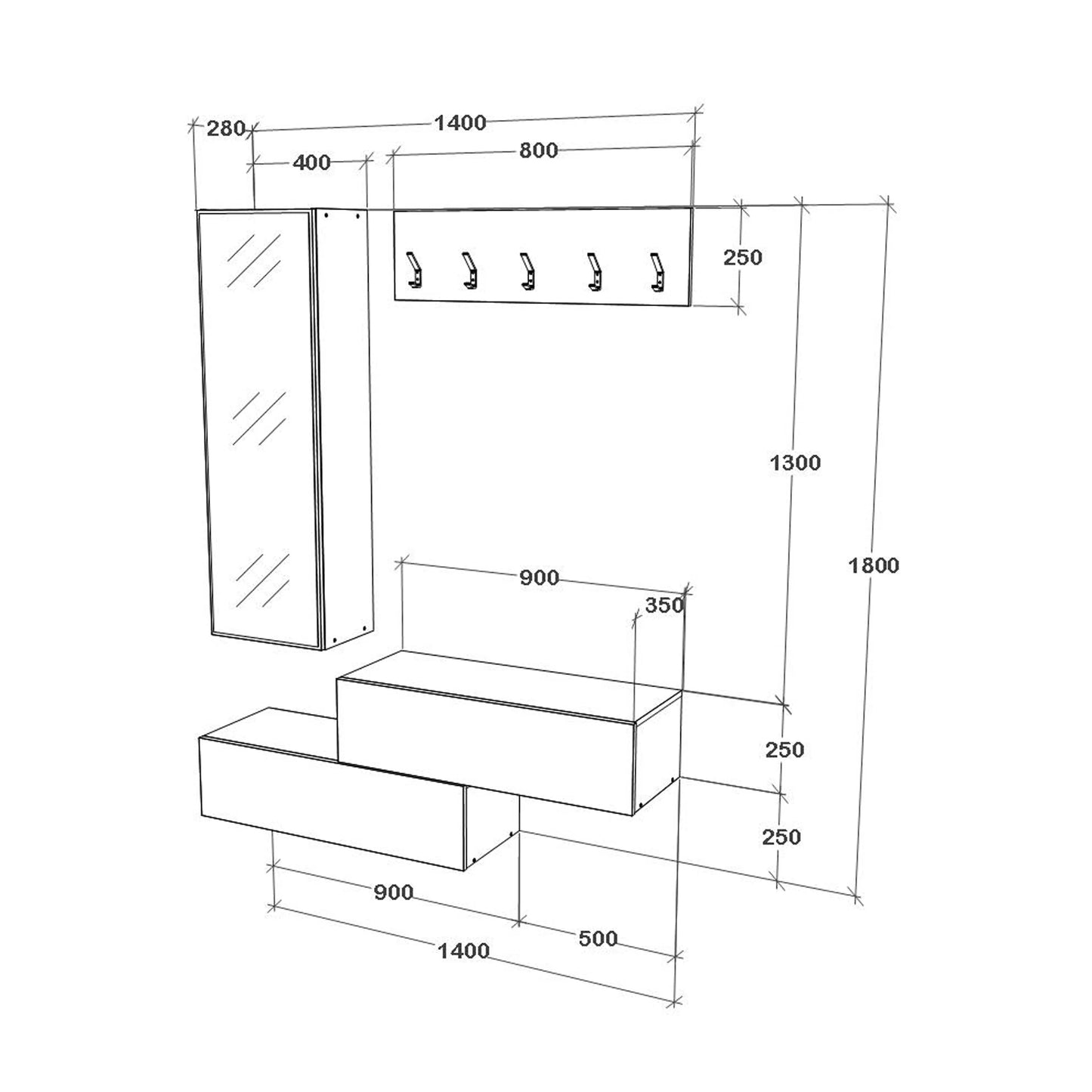 Cuier haaus Diego, Stejar Alb/Alb, 140 x 28 x 180 cm
