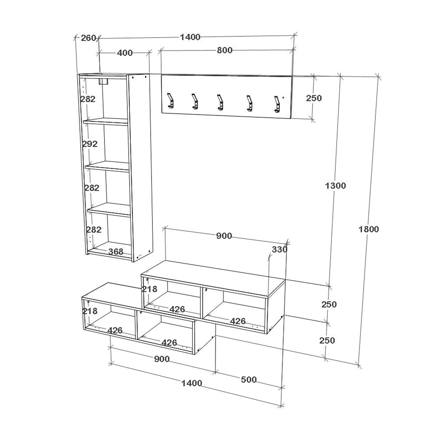 Cuier haaus Diego, Stejar Alb/Alb, 140 x 28 x 180 cm