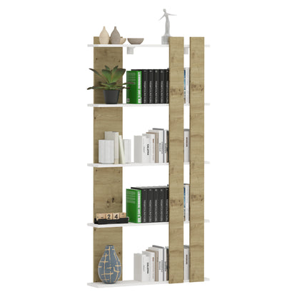 Biblioteca haaus Elmo, 5 Polite, Alb/Stejar Artisan, 80 x 20 x 160 cm