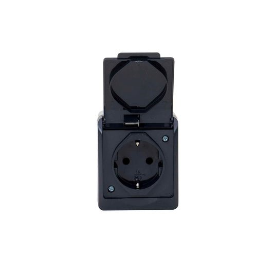 Priza simpla cu capac negru HERMES, 16A/250, IP44 / ELPL-0324-07