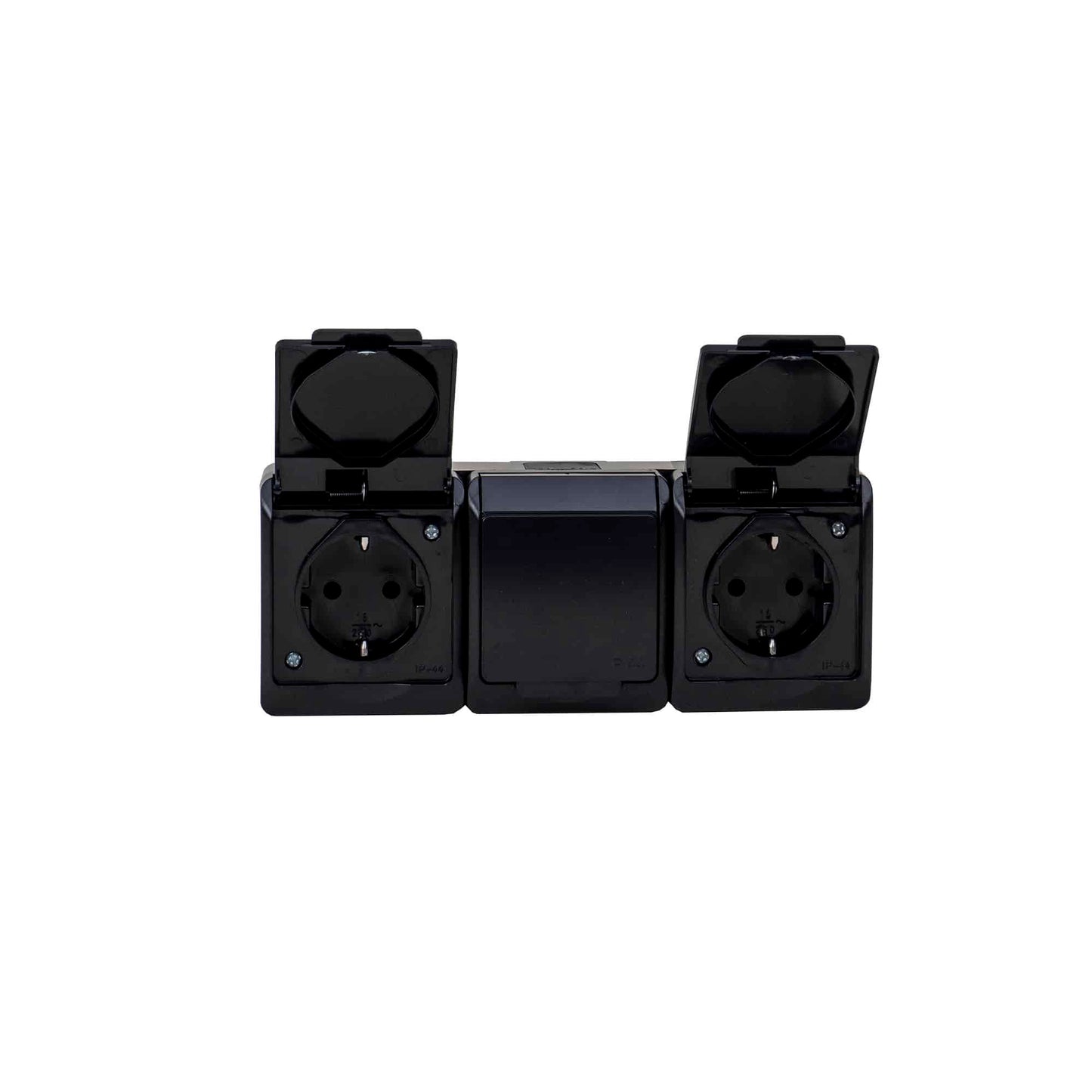 Priza tripla neagra cu capac HERMES, 16A/250, IP44 / ELPL-0326-09