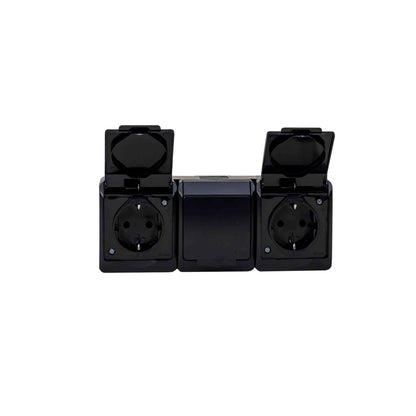 Priza tripla neagra cu capac HERMES, 16A/250, IP44 / ELPL-0326-09