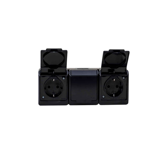 Priza tripla neagra cu capac HERMES, 16A/250, IP44 / ELPL-0326-09