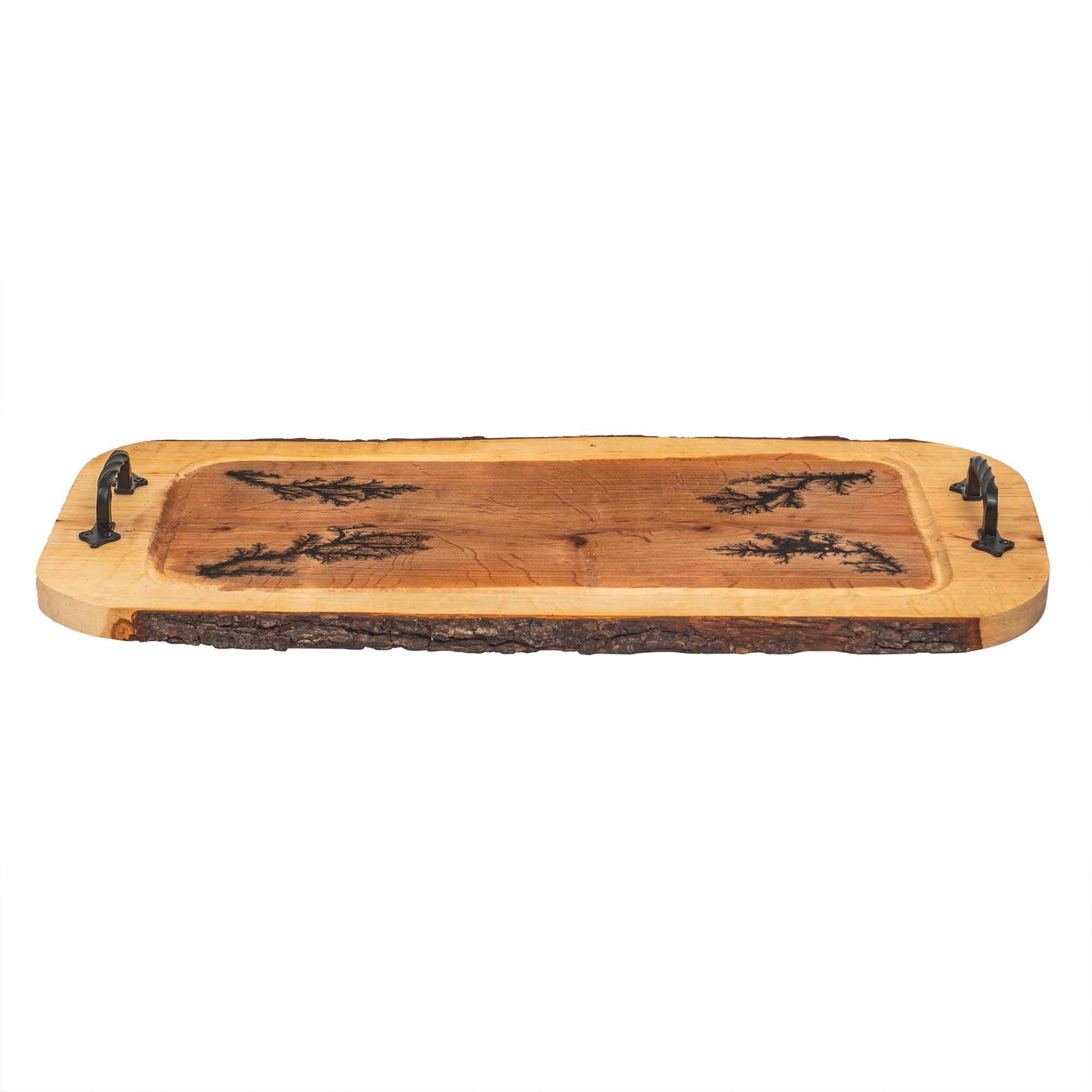 Tava din lemn de arin, sculptata, cu manere din fier forjat, 61x30cm / EXT 10130