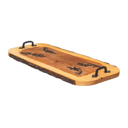 Tava din lemn de arin, sculptata, cu manere din fier forjat, 61x30cm / EXT 10130