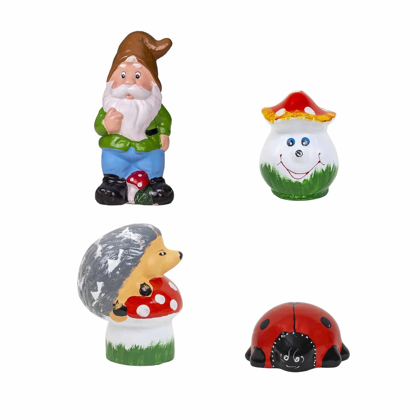 Pachet decor pentru gradina din ceramica, pitic, ciuperca, buburuza si arici / EXT 10224