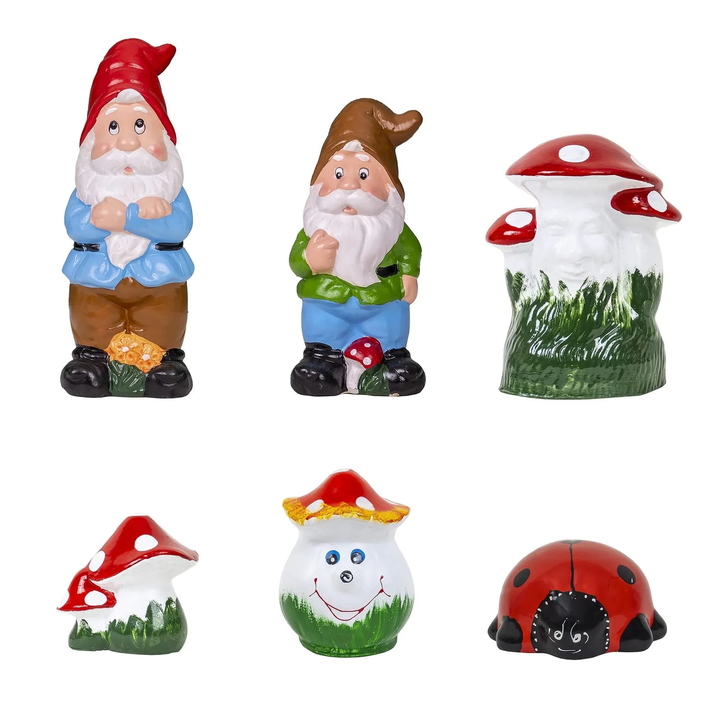 Pachet decor pentru gradina din ceramica, 2 x pitic, 3x ciuperca si buburuza / EXT 10228