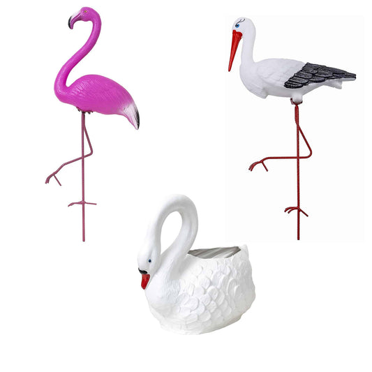 Pachet decor pentru gradina din plastic, flamingo, lebada si barza / EXT 10245 - 221.ro