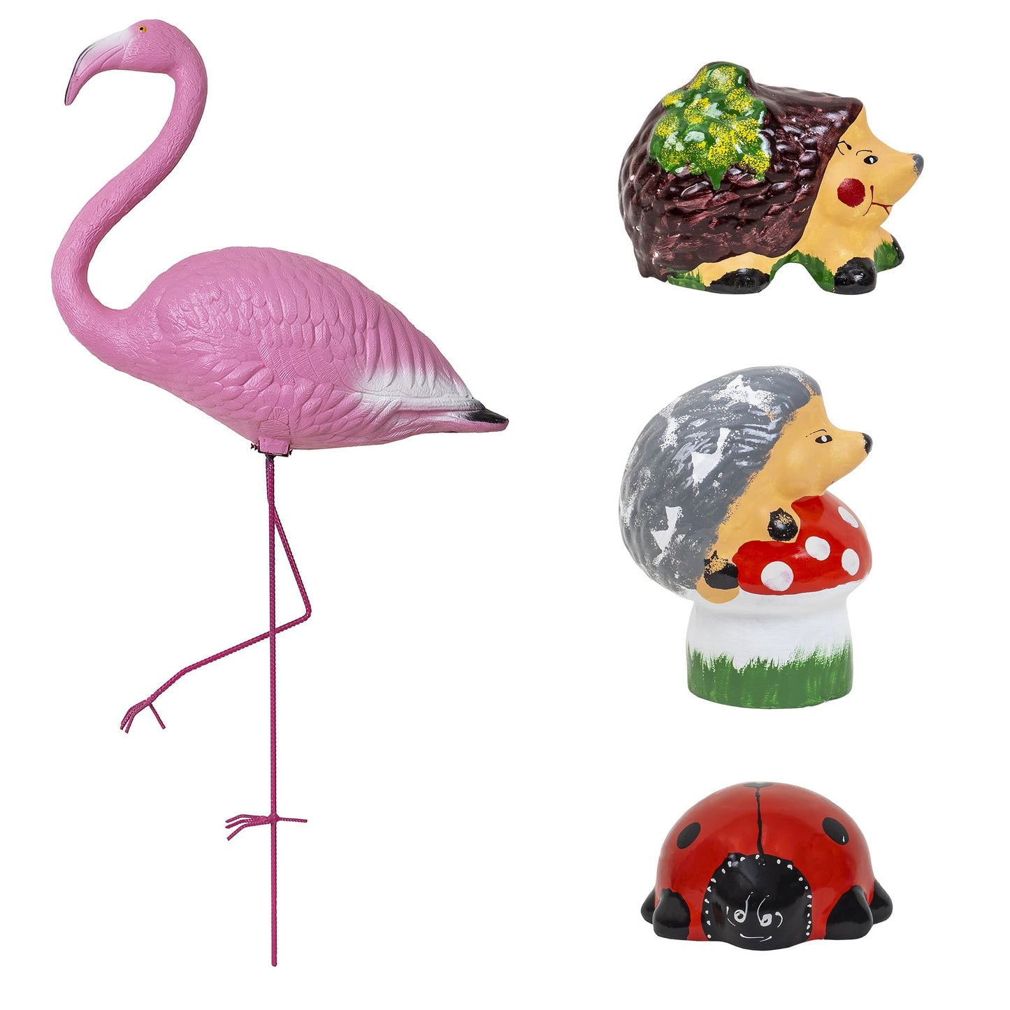 Pachet decor pentru gradina, flamingo, buburuza si 2 x arici / EXT 10248