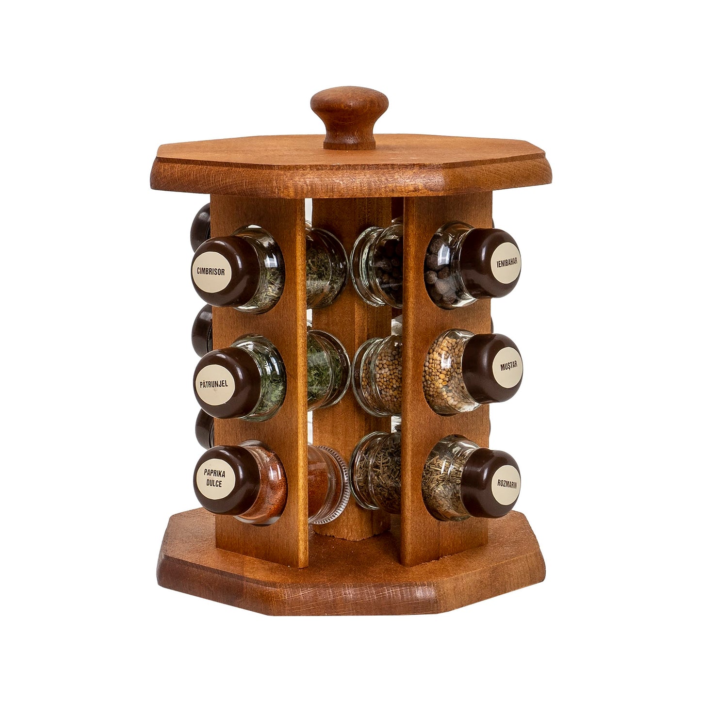 Set suport din lemn plus 12 sticle cu condimente / EXT 10363