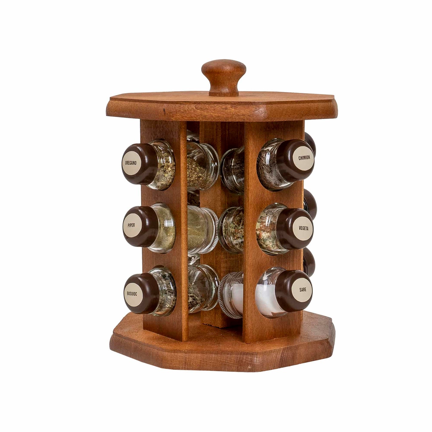 Set suport din lemn plus 12 sticle cu condimente / EXT 10363