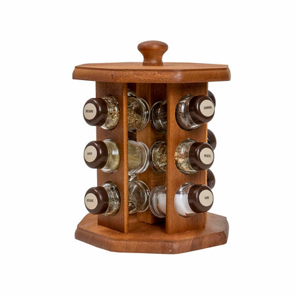 Set suport din lemn plus 12 sticle cu condimente / EXT 10363