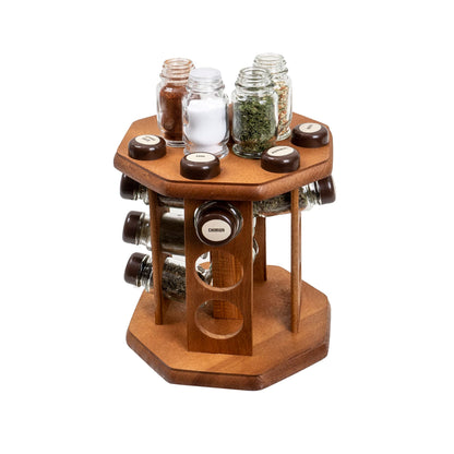 Set suport din lemn plus 12 sticle cu condimente / EXT 10363