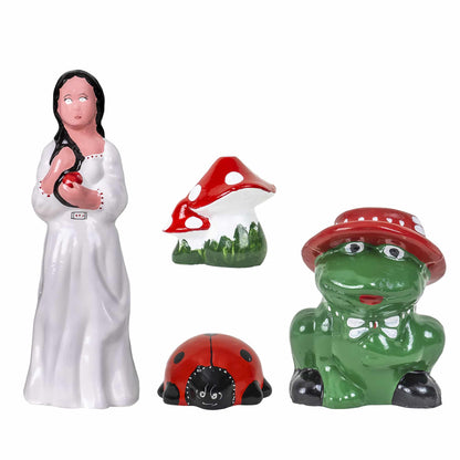 Pachet decor pentru gradina din ceramica, alba ca zapada, ciuperca, buburuza si broasca / EXT 10386