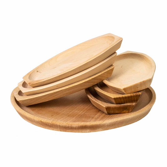 Set 6 farfurii din lemn si un platou pentru servit rotund / EXT 6082