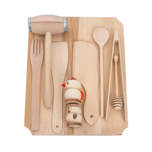 Set tocator dreptunghiular din lemn de fag, 10 piese, 40x30x2cm / EXT 6086