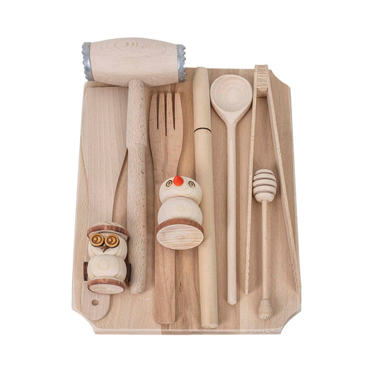 Set tocator dreptunghiular din lemn de fag, 10 piese, 35x25x2cm / EXT 6087