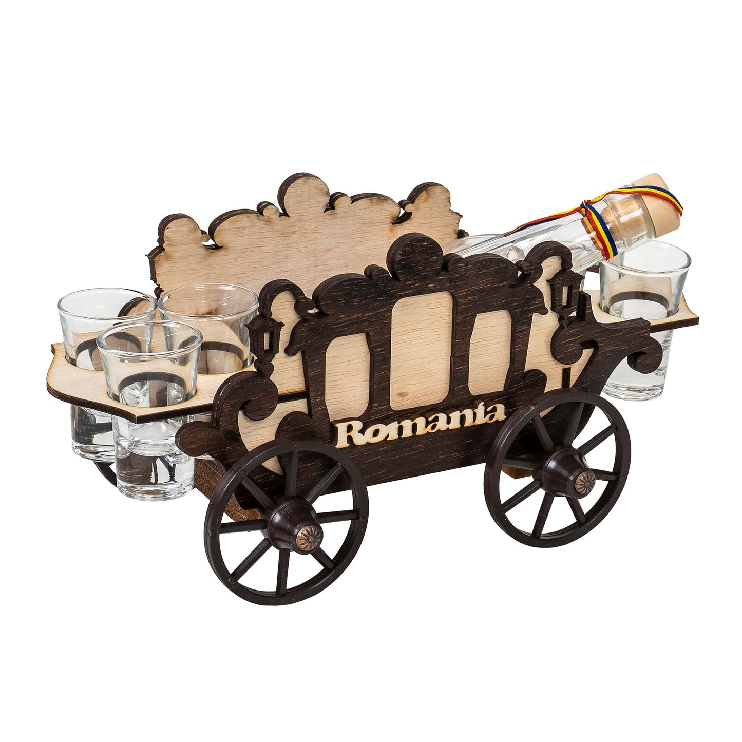 Set 6 pahare Shot cu sticla, pe suport, model caruta / EXT 6094