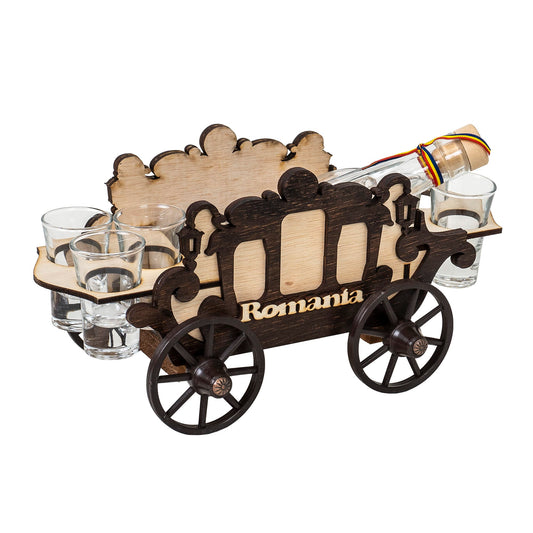 Set 6 pahare Shot cu sticla, pe suport, model caruta / EXT 6094