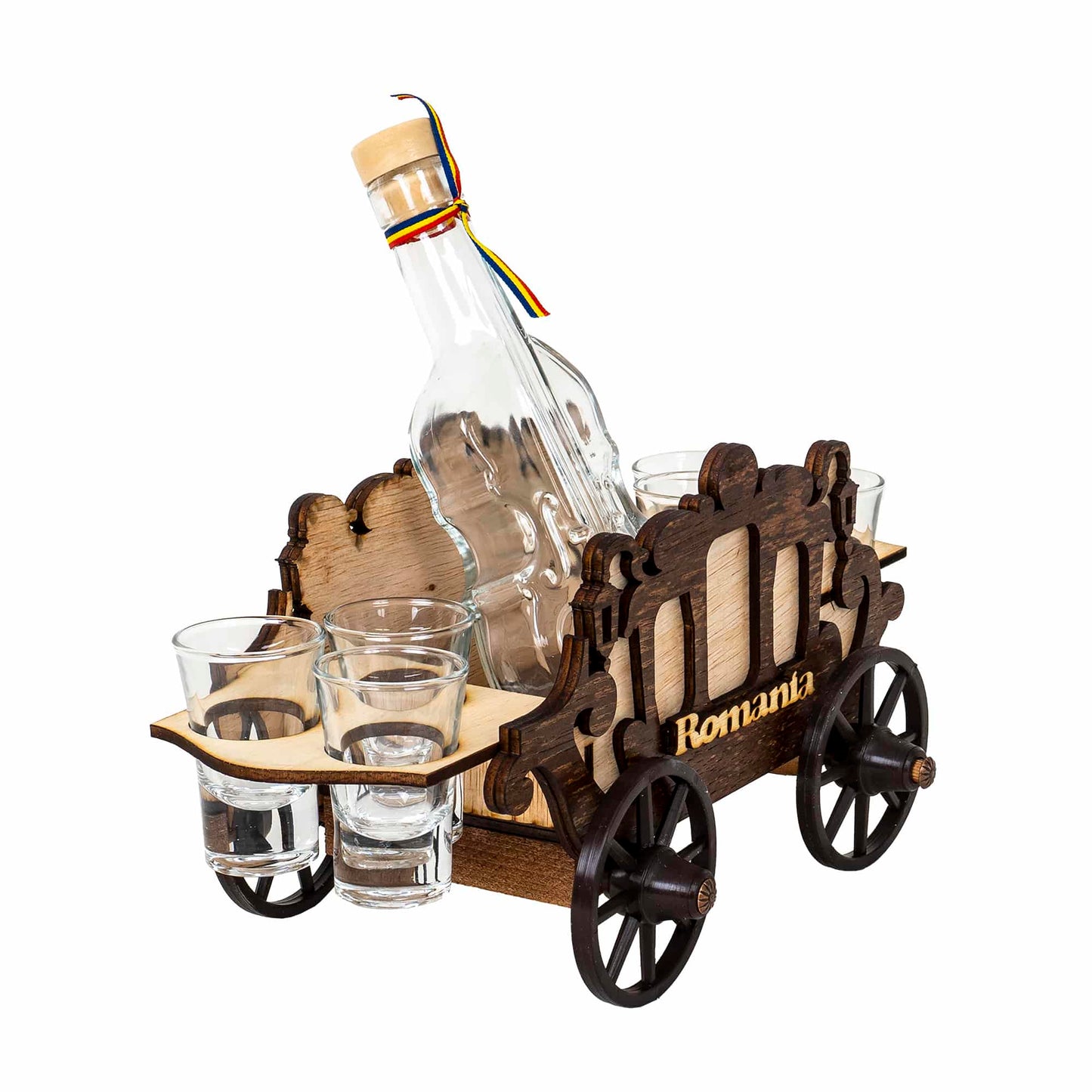 Set 6 pahare Shot cu sticla, pe suport, model caruta / EXT 6094