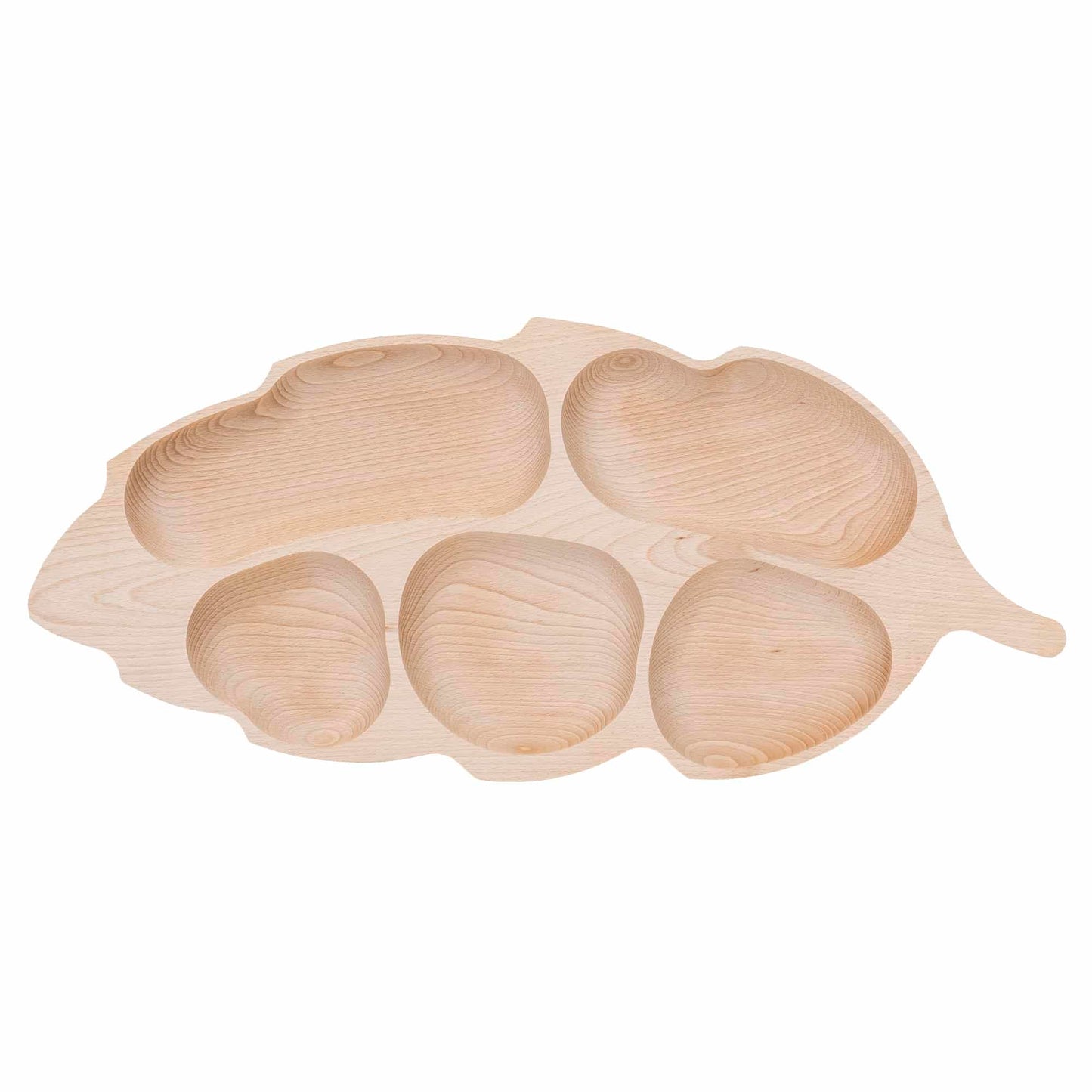 Platou pentru servire, din lemn de fag, in forma de frunza urias, 5 compartimente, 71x32cm / EXT 6177